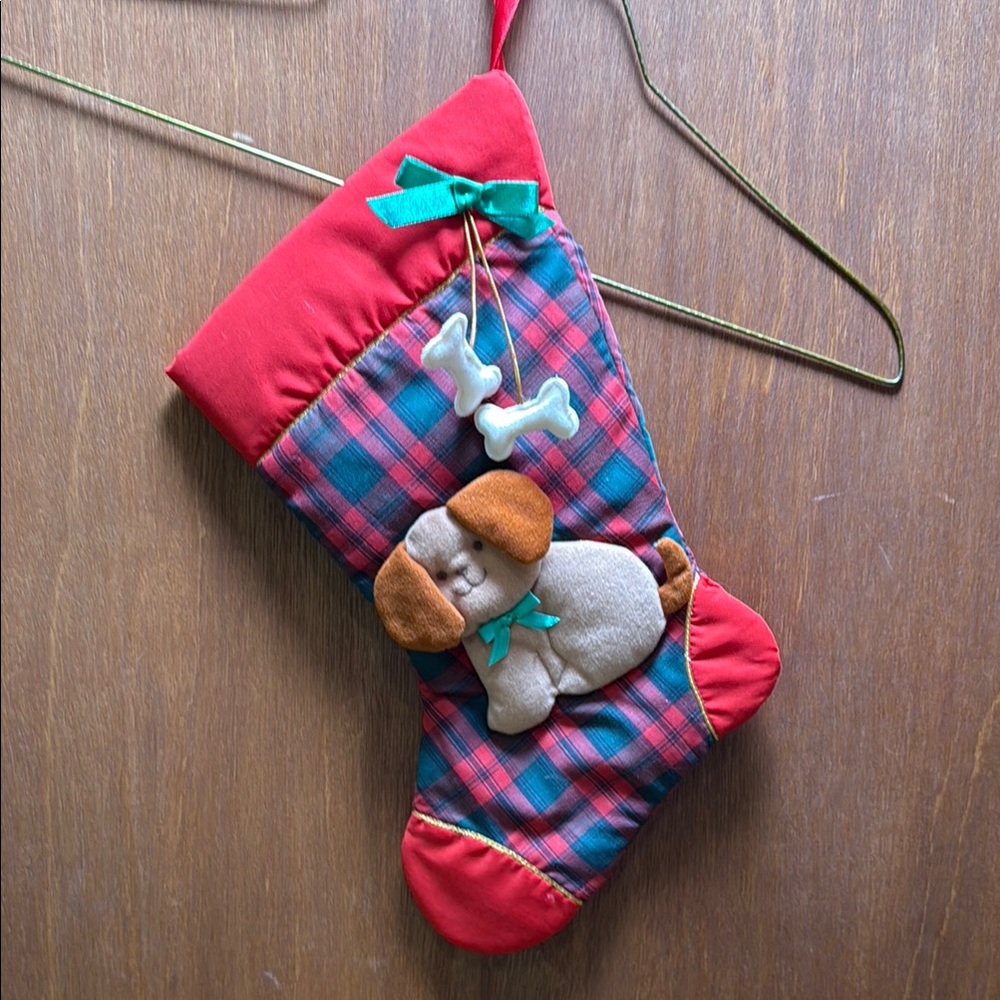Red and Plaid Christmas Stocking with Dog Design